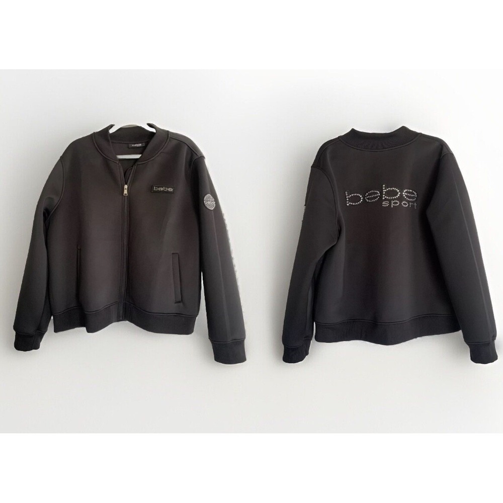Bebe Sport Black Rhinestone Logo Zip-Up Bomber Jacket Y2K Athleisure Women's XXL - Picture 2 of 13